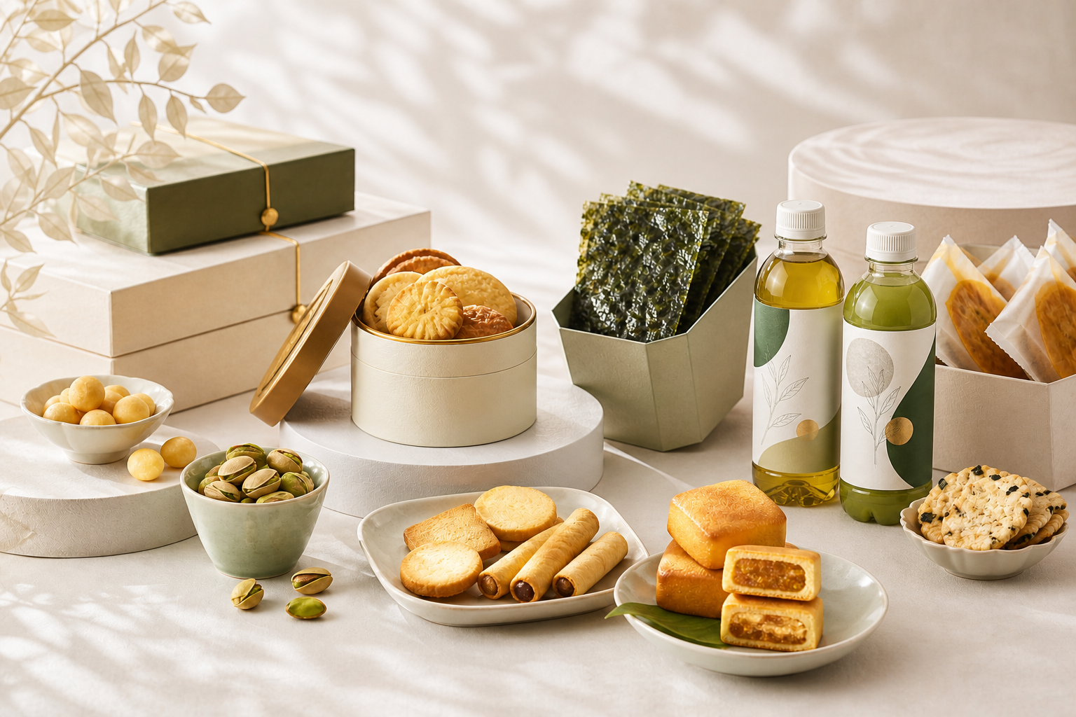 A curated premium food and beverage presentation with biscuits, pastries, nuts, snacks and Japanese tea beverages