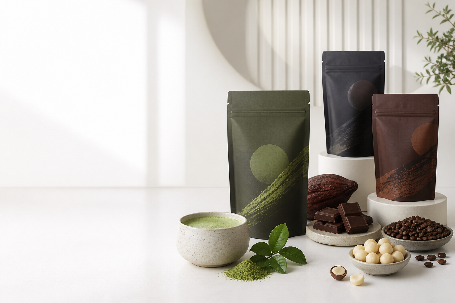 Premium matcha, chocolate, cacao, coffee and macadamia products
