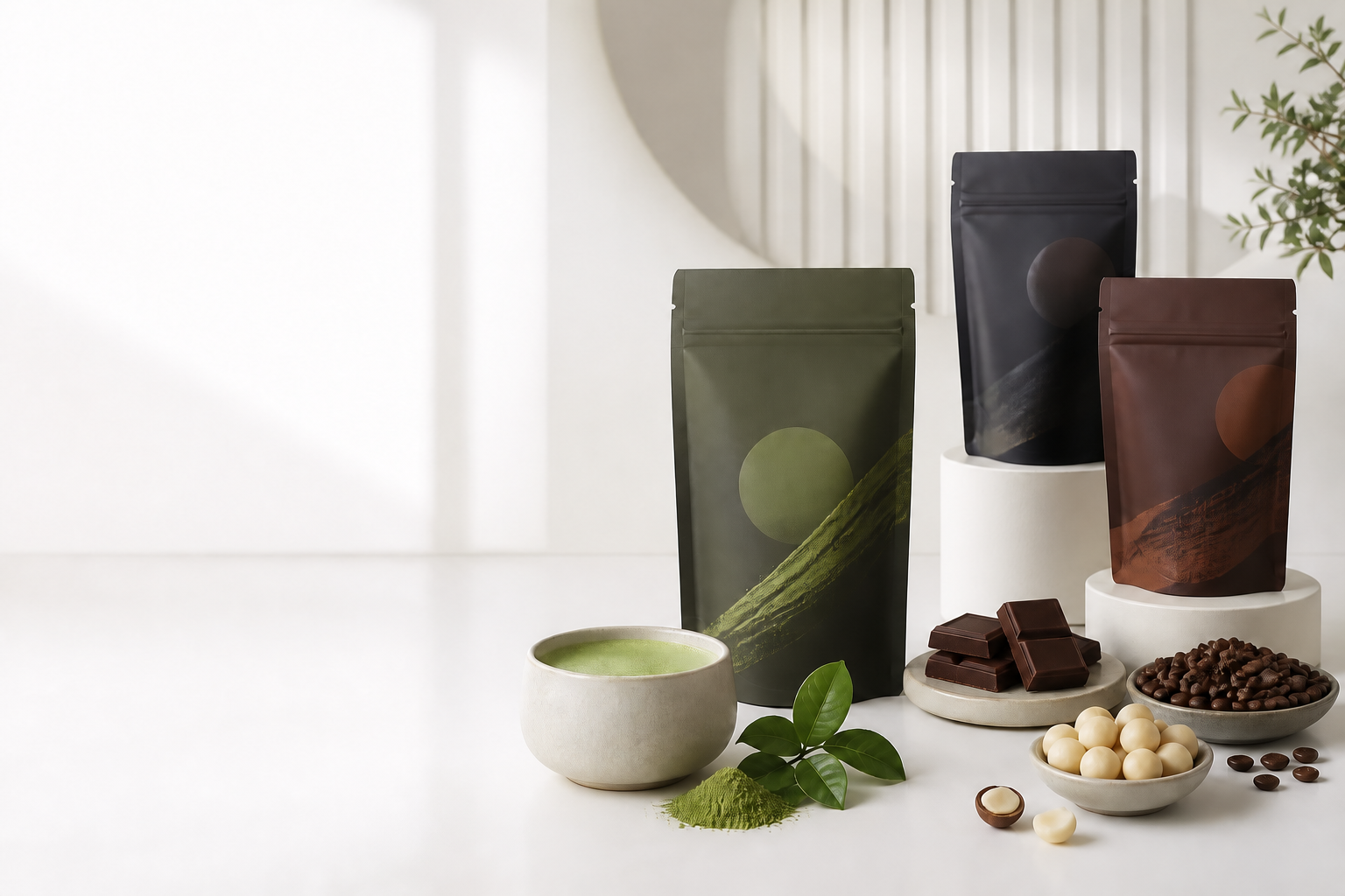 Premium matcha, chocolate, coffee and macadamia products